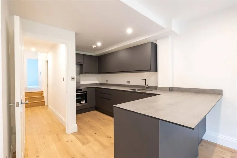 sleek grey kitchen created as part of l shaped kitchen extension London